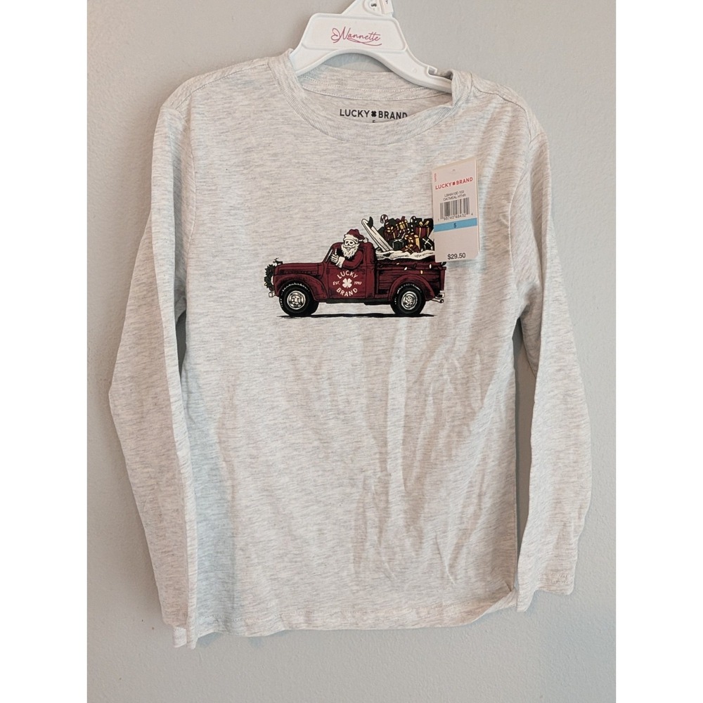 Lucky Brand Youth Boys Gray Santa Truck Graphic Long Sleeve T-Shirt 5 or 18/20